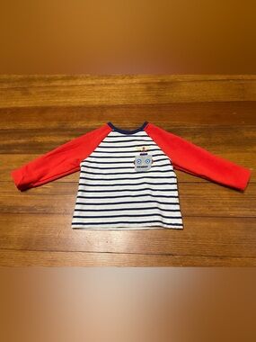 Baby Boden Navy & White Striped Robot Top with Red Raglan Sleeves Size 3-6 Month